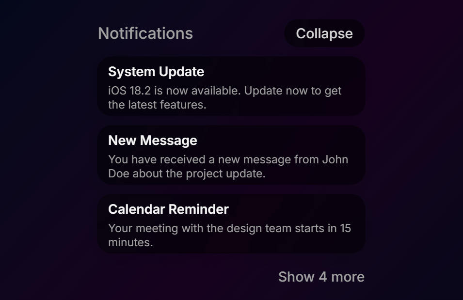 Illustrative image for IOS Notifications Stack components, Animated iOS-style notification stack with expandable and collapsible layers.