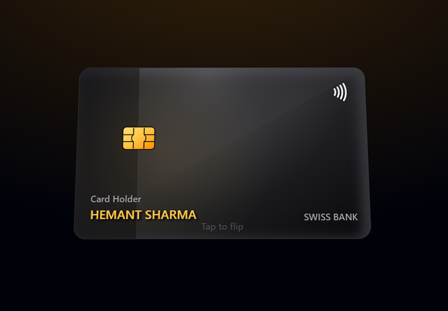 Illustrative image for Payment Card 3D components, A 3D interactive payment card with flip, tilt, glare, and secure detail reveal.